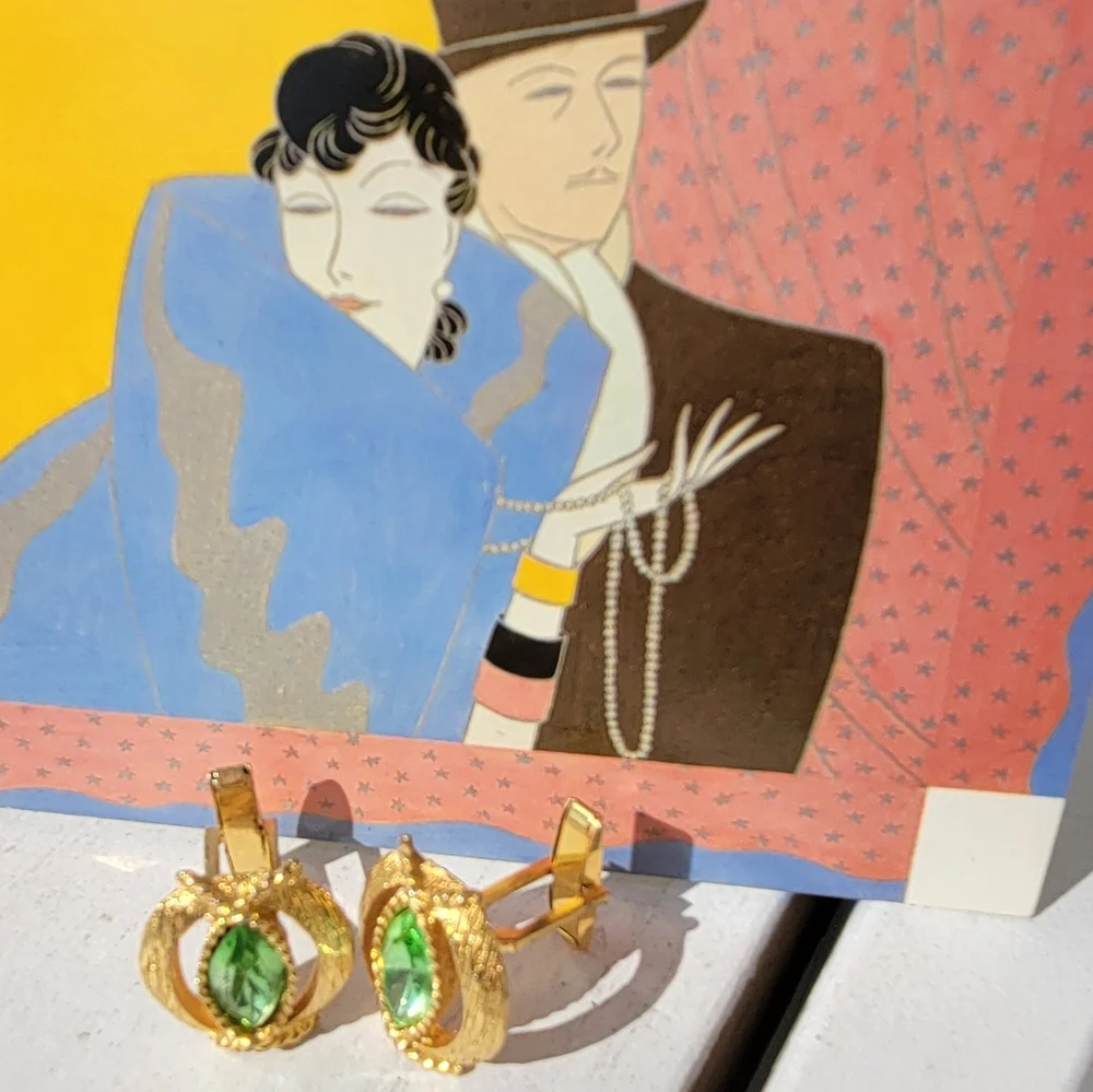 Vintage Cufflinks Green Rhinestone & Gold-tone Corded Metalwork ~ Snazzy! Retro!
